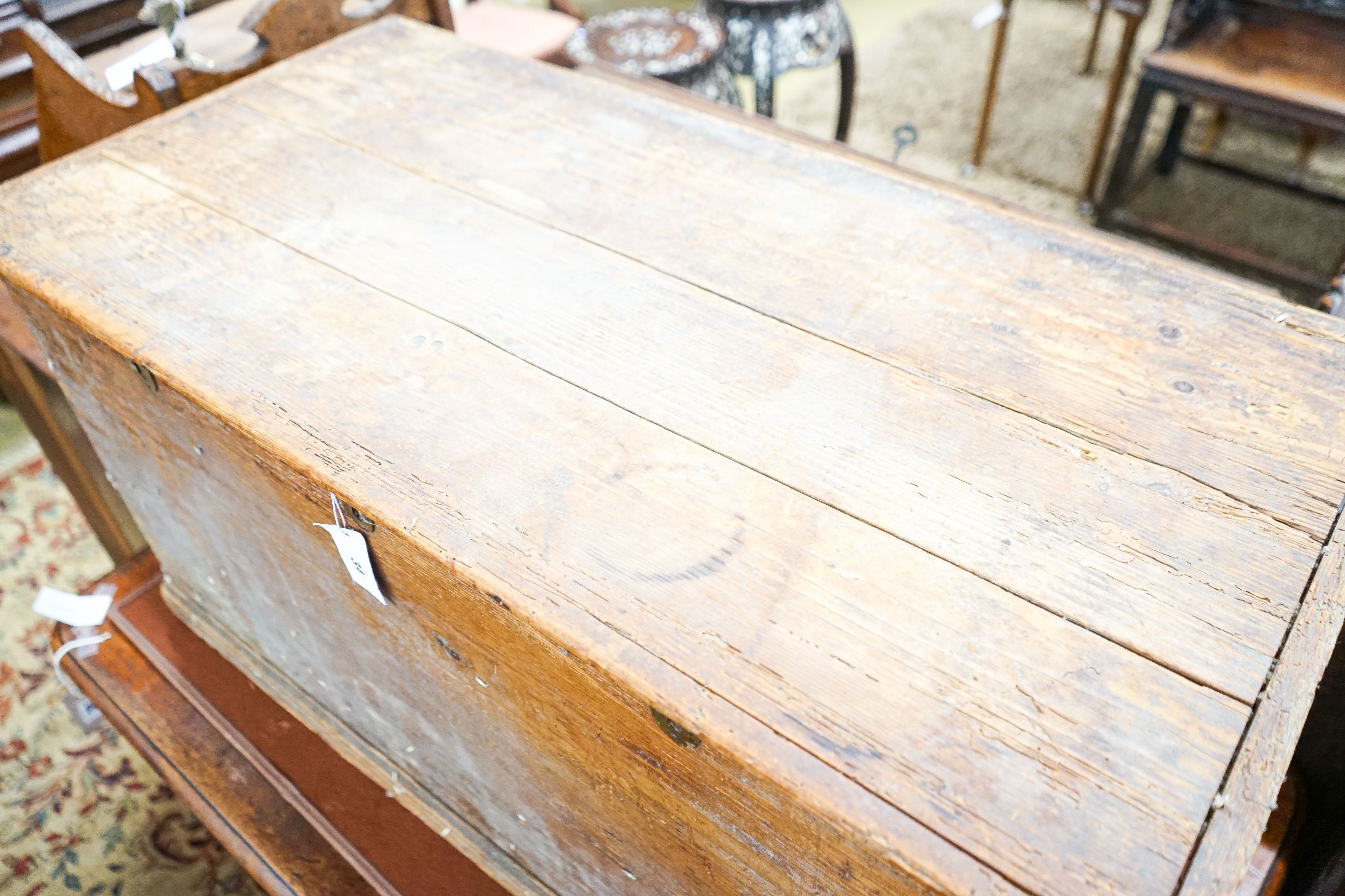 A Victorian rectangular pine trunk, length 94cm, depth 47cm, height 50cm